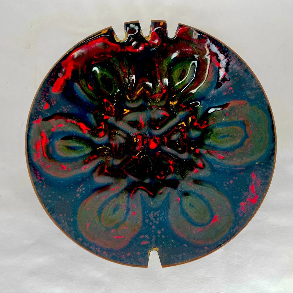 Vintage Enamel Over Copper Ashtray Flower Power Boho MCM Signed Kindel 66